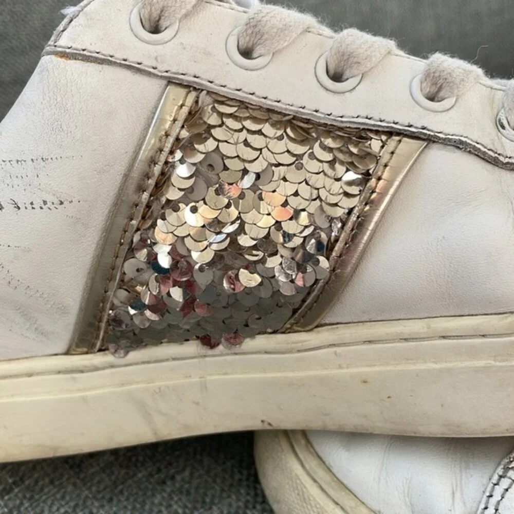 GC Tory Burch White Leather Sequins Detail Low Top Casual Lace Up Sneaker Sz 9